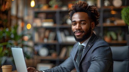 Canvas Print - Confident young professional in a modern office space, working on a laptop with a friendly smile.