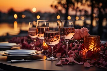 Wall Mural - Elegant outdoor dinner table setting at sunset with wine glasses and floral decorations.