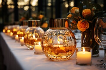 Wall Mural - Elegant table setting with glowing candles and fresh roses at dusk.