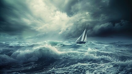 Sticker - Boat in distress. A ship sailing in the storm on a rough sea, about to sink. A clearing in the sky could prevent it from disaster