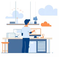 Poster - flat illustration of a man working on a computer with clouds and storage, data center server equipme