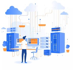 Poster - flat illustration of a man working on a computer with clouds and storage, data center server equipme