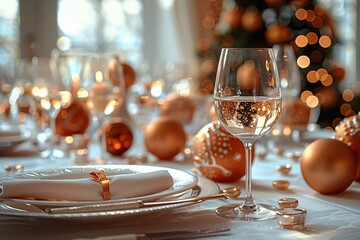 Wall Mural - Elegant table setting with wine glass, plates, and gold-toned Christmas decorations.