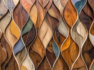 Abstract design with wooden wall panels shaped like leaves, featuring natural elements in different shades and colors.