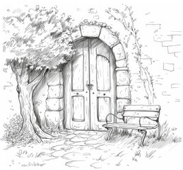 Wall Mural - A drawing of a house with a bench in front of it