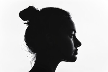 Fototapete - Silhouette of woman with messy hair bun isolated on white background, silhouette profile view, high resolution photography


