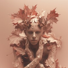 Poster - A man is wearing a leafy headdress and has his hands on his face