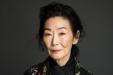 Wall Mural - Close-up portrait of elderly woman of Asian descent, studio photo, against a sleek gray studio backdrop