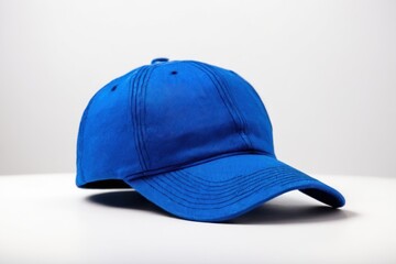 Wall Mural -  a blue baseball cap with stitching on the front and side of the hat, on a white background,