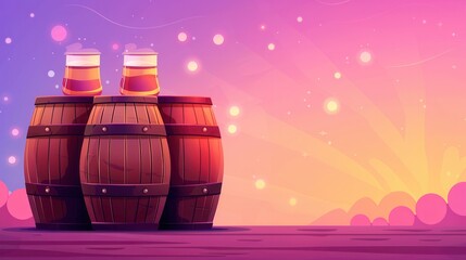 Poster - Wooden Barrels with Glasses of Beer at Sunset.