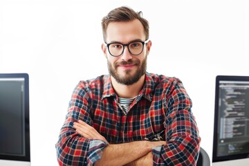 Wall Mural - A man with glasses and a beard is sitting in front of two computer monitors