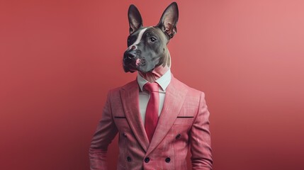 Wall Mural - Bull Terrier dog dressed in an elegant pink suit, standing as a confident leader and a powerful businessman. Fashion portrait of an anthropomorphic animal posing with a charismatic human attitude