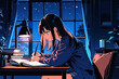 © asami - 夜空の下で机に向かう少女の勉強シーン