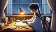 © asami - 夜空の下で机に向かう少女の勉強シーン