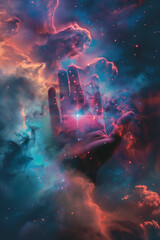 Wall Mural - hand of god in galaxy nebula, creation concept with stars in space