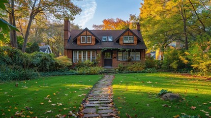 Wall Mural - A large house with a stone walkway leading to it