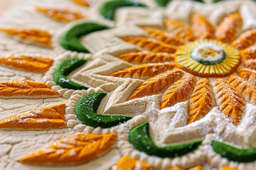 an intricate rangoli design with vibrant colors and detailed patterns, symbolizing indian culture, c