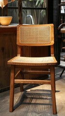 Sticker - A wooden chair with a woven seat cushion sits in a room