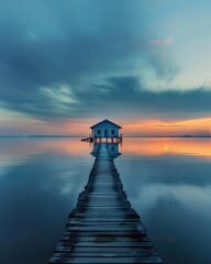 Sticker - A wooden bridge spans a body of water, with a small house on the other side