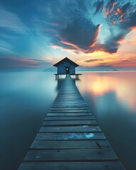 Sticker - A wooden bridge leads to a small house on a lake