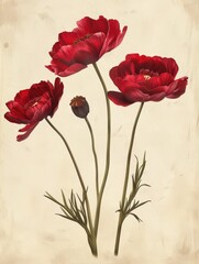 Sticker - A painting of three red flowers with green stems