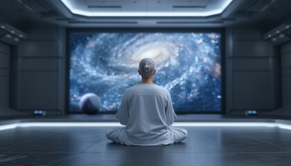 Wall Mural - A man is sitting in a room with a large screen showing a galaxy