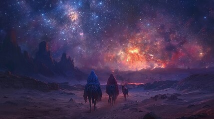 Poster - A group of three people are riding horses through a desert at night