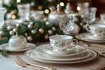 Wall Mural - Elegant table setting with floral china, silverware, and Christmas decorations in soft lighting.