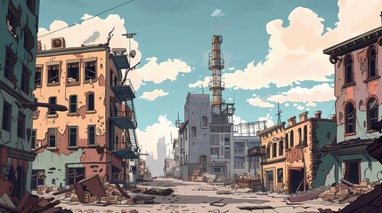 Sticker - abandoned city, cartoon style