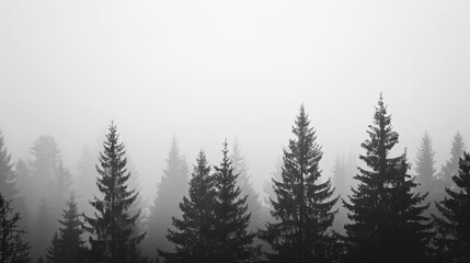 Poster - Abstract minimalistic nature background with a foggy forest silhouette against a grey sky.