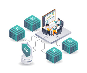 Leinwandbilder - The team is analyzing cloud data security isometric illustration