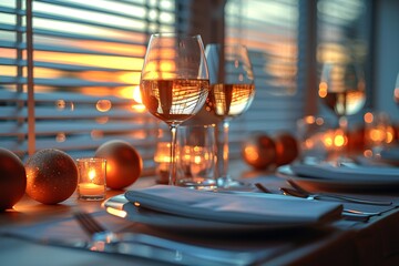 Wall Mural - Elegant table setting at dusk with wine glasses, candles, and warm lighting.