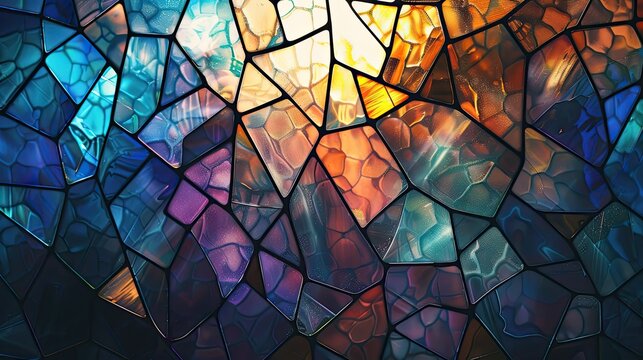 A colorful stained glass window with a blue background
