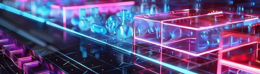 Poster - Colorful futuristic neon light abstract background featuring glowing geometric shapes and reflections in a cyberpunk style.