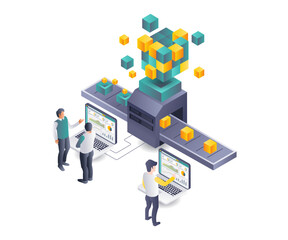 Sticker - Teamwork in Blockchain Development flat isometric illustration