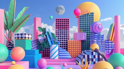 Wall Mural - Playful and quirky Memphis style art in a neon colored 3D render  AI generated illustration