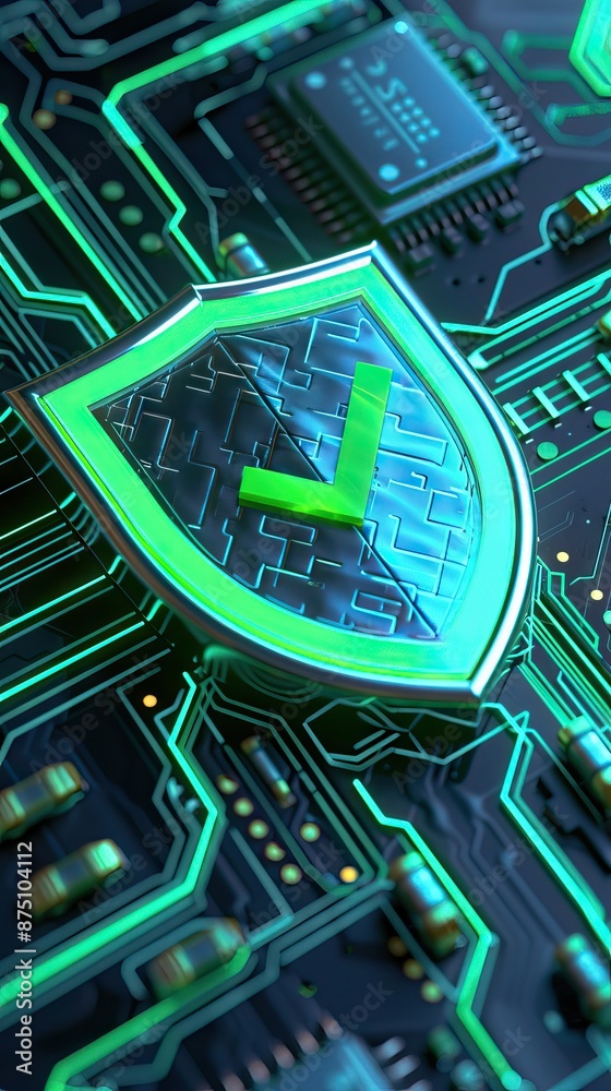 Digital security shield icon on a circuit board background. Printed ...