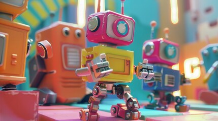Poster - Playful robots frolicking in a digital realm  AI generated illustration
