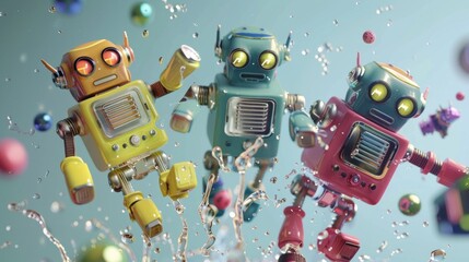 Poster - Playful robots frolicking in a digital realm AI generated illustration