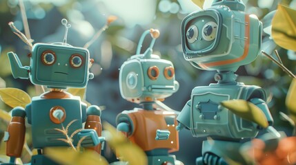 Poster - Playful robots working together to create an eco utopia  AI generated illustration