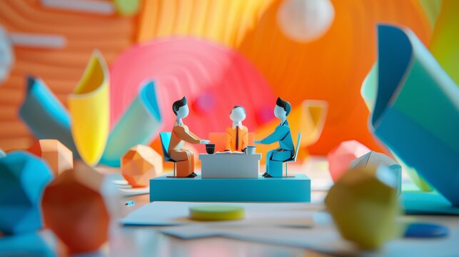 Playful paper characters engaging in a business meeting in an abstract 3D setting  AI generated illustration