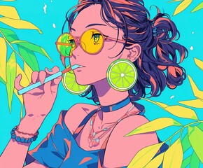 Poster -  Stylish Girl Enjoying a Lime Mojito Drink with Matching Earrings