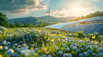 Canvas Print - Renewable Energy Farm with Solar Panels and Wind Turbines with Smart Grid Technology Concept