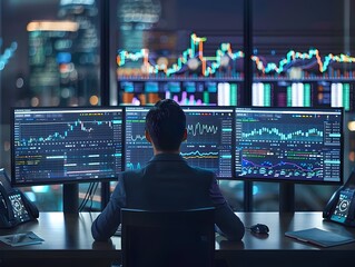 Poster - Investor Reviewing Detailed Market Trends on Multiple Monitors in Financial Planning Workspace