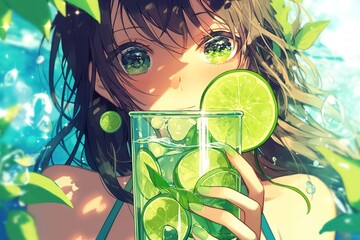 Poster -  Stylish Girl Enjoying a Lime Mojito Drink with Matching Earrings