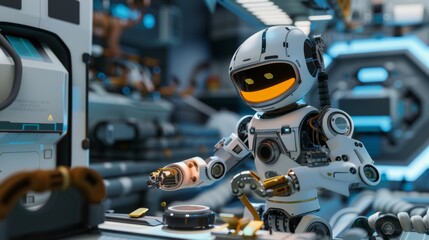 Poster - Quirky robot mechanic fixing a spaceship  AI generated illustration