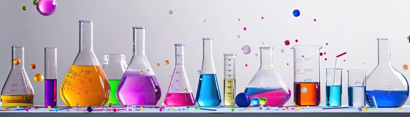 Poster - Colorful laboratory glassware filled with vibrant liquids. Scientific experiment concept with chemical reactions and test tubes in a lab setting.