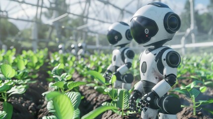 Poster - Quirky robots farming in a surreal eco setting  AI generated illustration