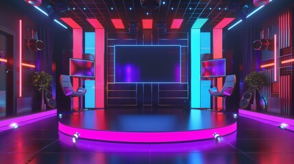 Poster - Render a modern and abstract version of a TV show podcast studio in 3D  AI generated illustration