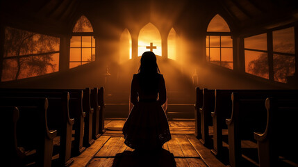 Wall Mural - In the church, the silhouette of a woman in prayer embodied her deep worship and faith, her belief in God and devotion to Jesus Christ shining through her reverent posture. church, prayer, worship.